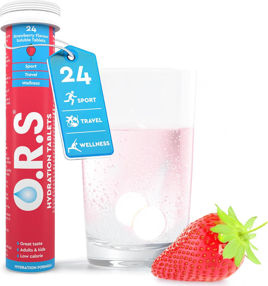 Hydration Tablet with Electrolytes for Rehydration, Wellness, Travel, Sports & Recovery | Vegan, Gluten-Free & Low-Calorie Electrolyte Tablets with Natural Strawberry Flavour, 24 Tablets